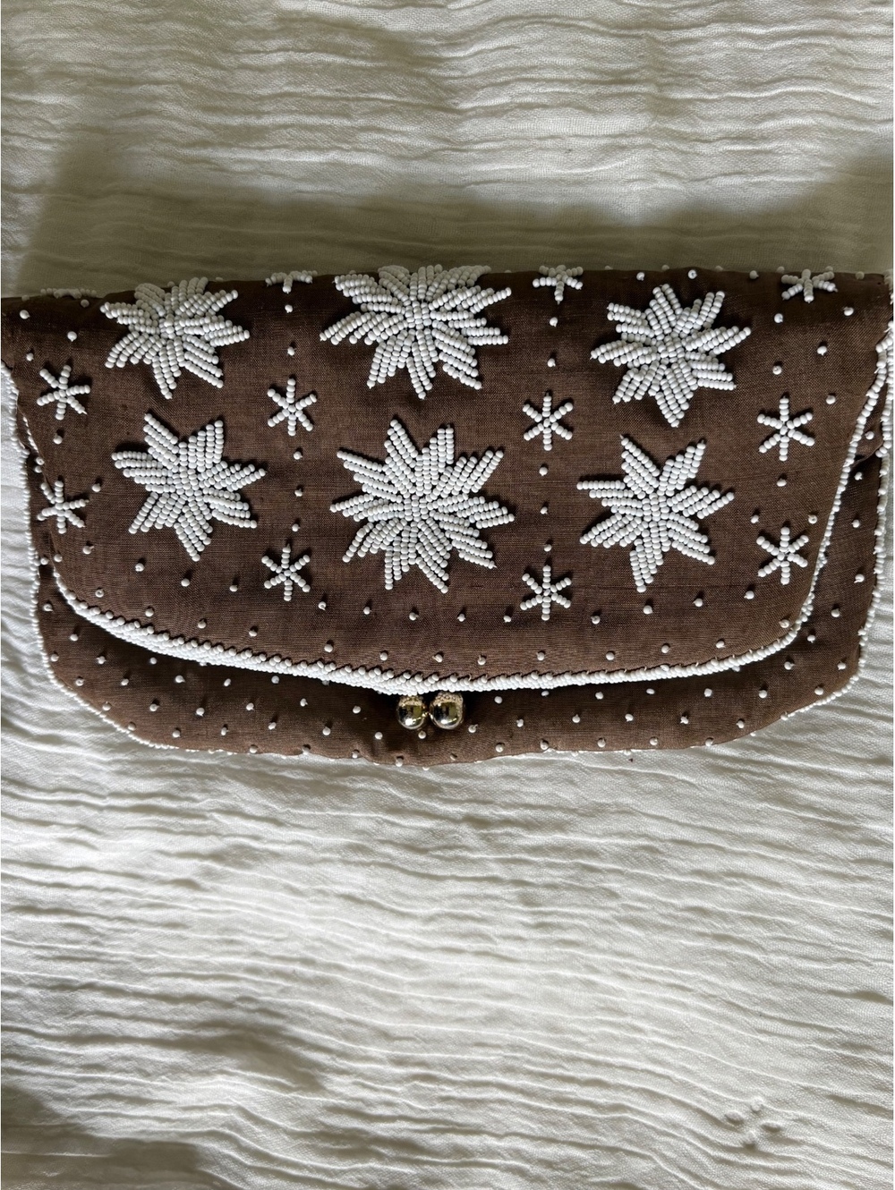 Vintage 1950s 60s Hong Kong Pure Silk Beaded Evening Clutch Brown White 8.5